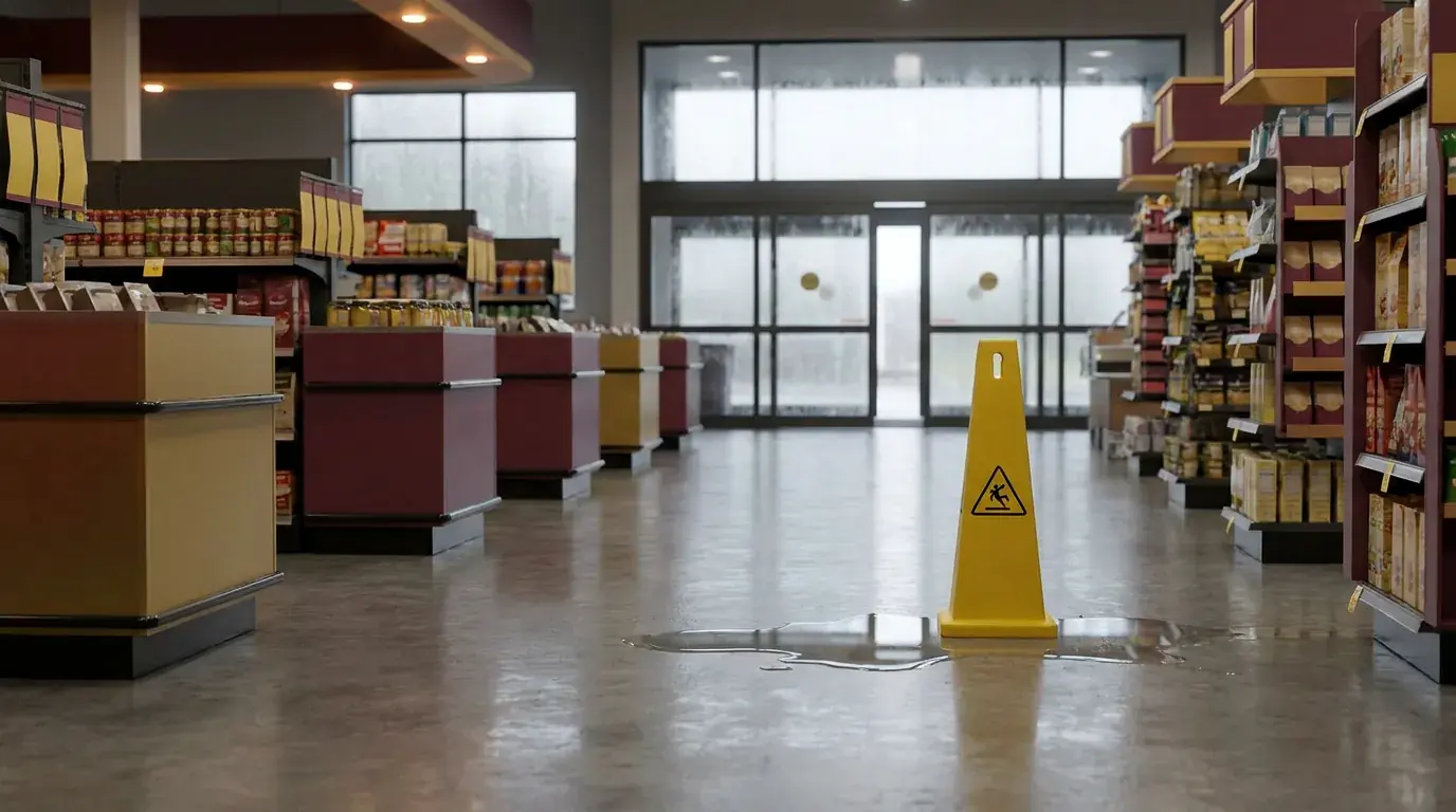 A wet floor cone beside a fresh spill in a quiet store aisle on a rainy day